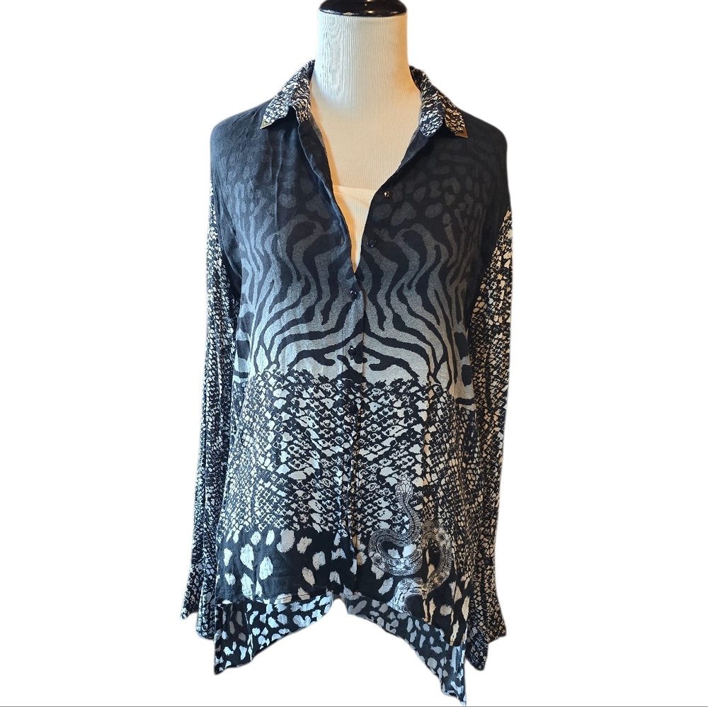 DESIGUAL Black & White Snake Print Button Down Top Shirt Blouse Size Small - Picture 2 of 7